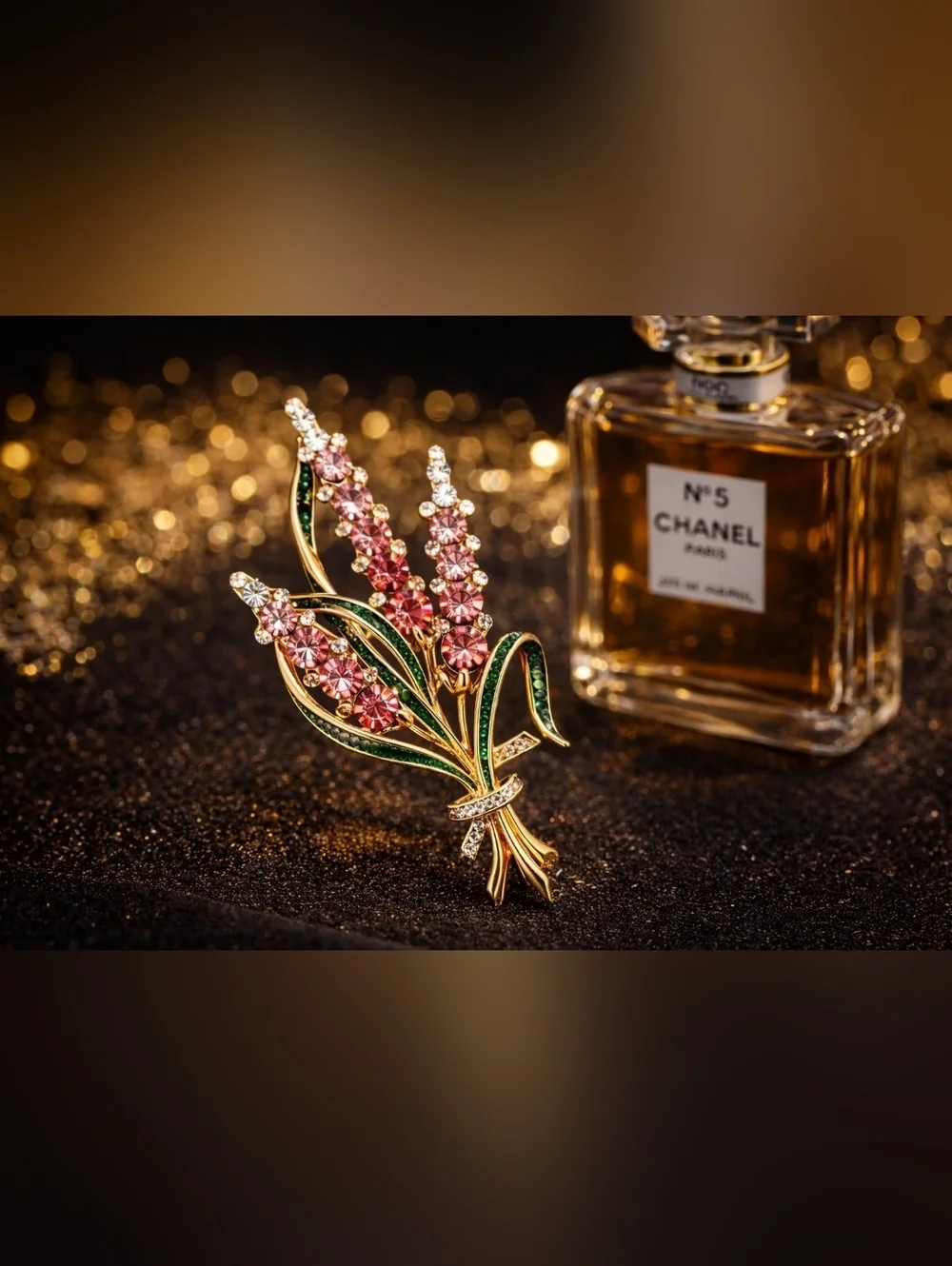Gold-Tone Pink Crystal Floral Spray Brooch